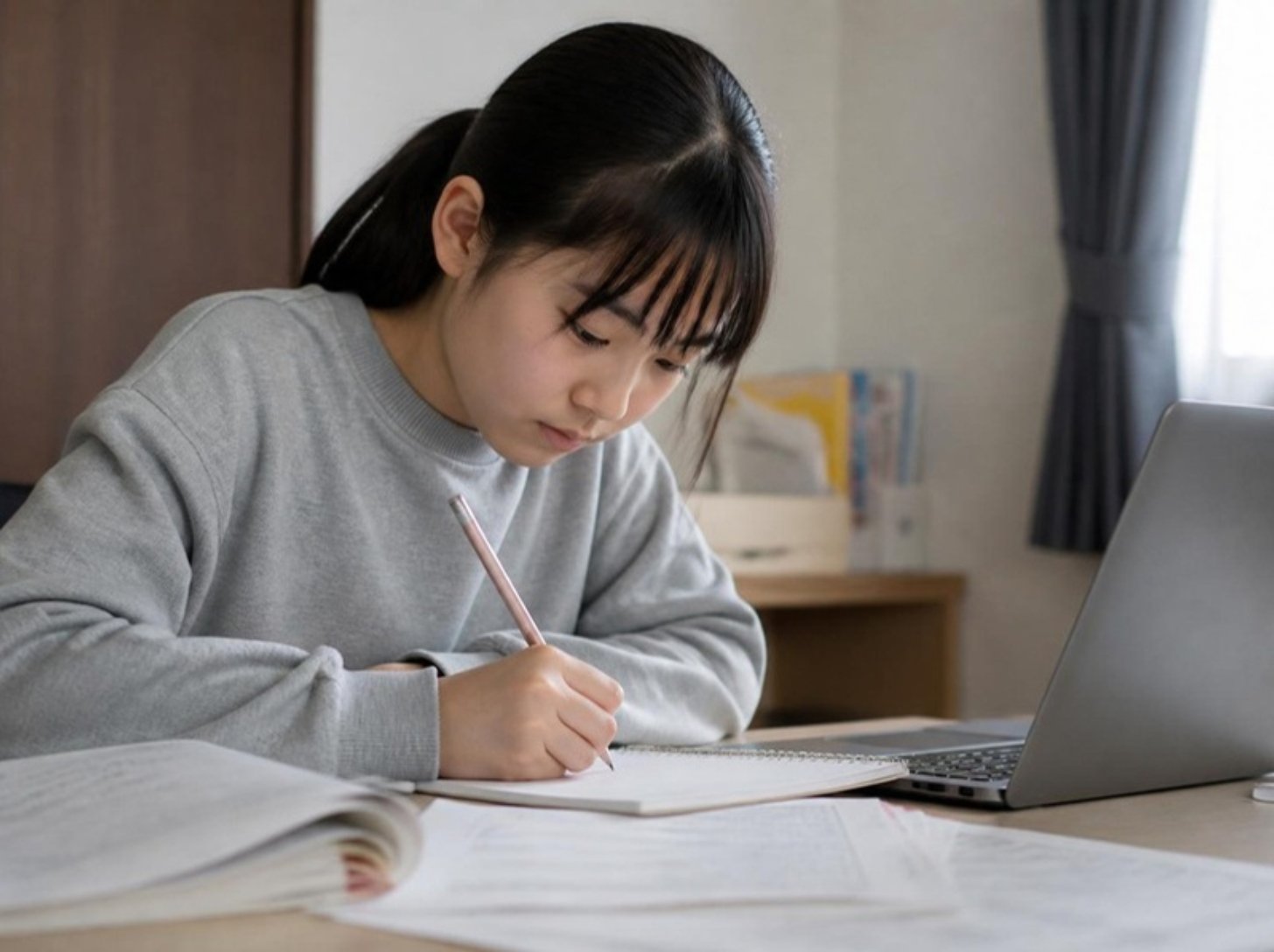自宅の机で、ノートに向かって集中して勉強する6年生