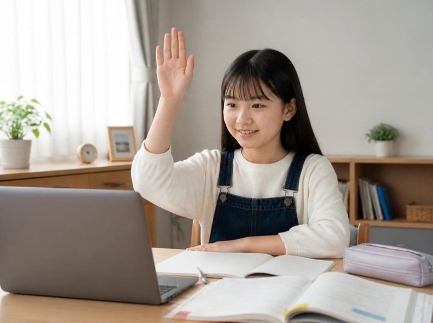 オンラインの先生に向かって手を挙げる6年生